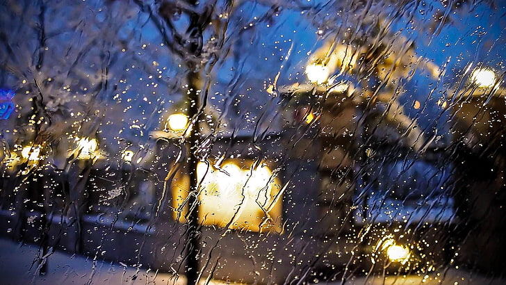 lighting, snow, rainy, street lights, evening, night, window