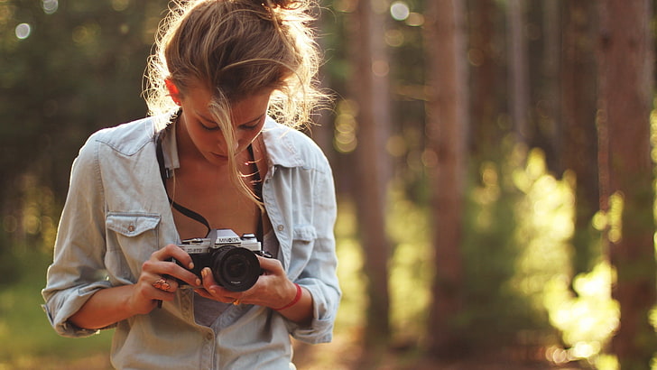black and gray camera, nature, women, forest, depth of field
