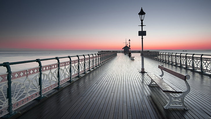 white wooden bench, sunset, bridge, Cardiff, sky, sea, water