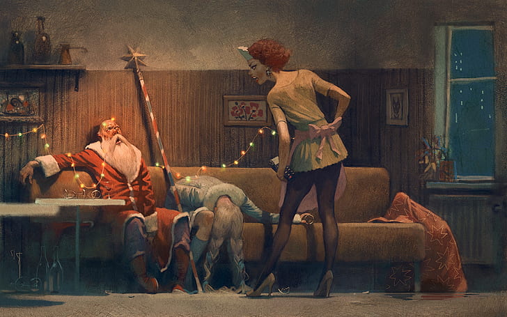 new year, Christmas, maiden, Santa Claus, booze, drunk, happy new year, HD wallpaper