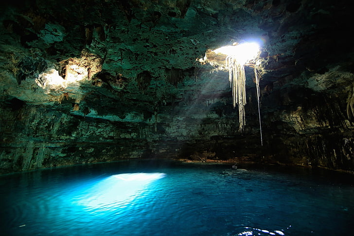 blue lagoon inside a cave, nature, landscape, cenotes, Mexico