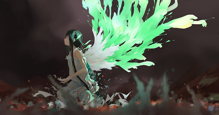 girl with green wings digital wallpaper, anime girls, Saya no Uta