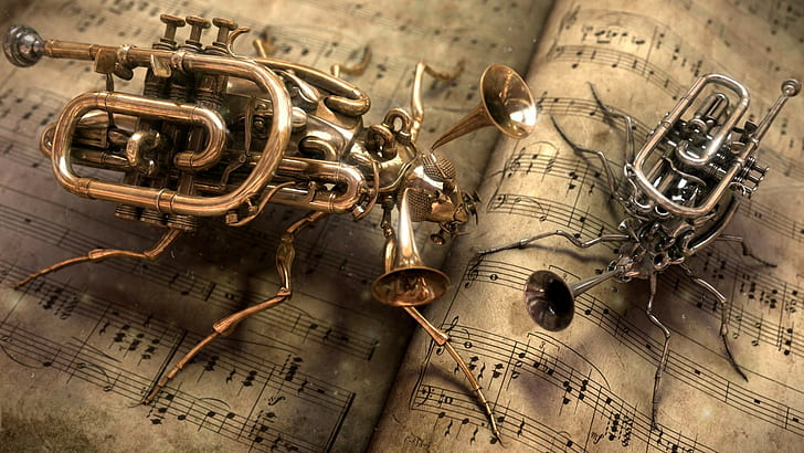 music, insect, brass, books, musical instrument, musical notes, HD wallpaper