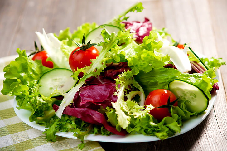 vegetable salad, greens, vegetables, tomatoes, cabbage, cucumbers