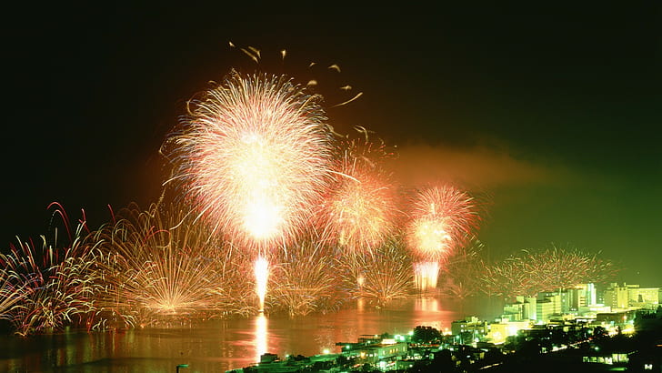 fireworks, city, cityscape, night, city lights, HD wallpaper