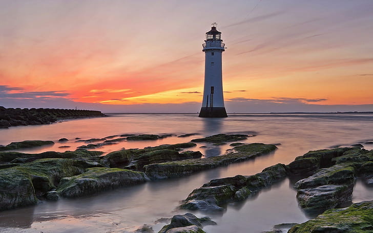 Sea, coast, rocks, sunset, lighthouse, red sky, HD wallpaper