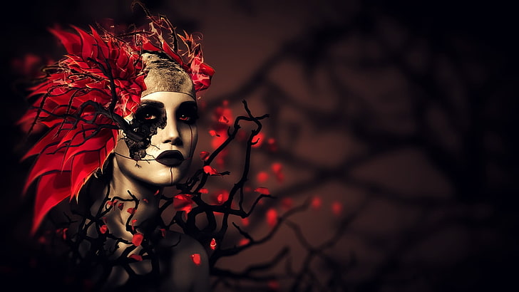 face, fantasy art, fantasy girl, red, close-up, no people, spooky, HD wallpaper