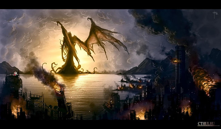 burning houses and giant wallpaper, sea, old ship, Cthulhu, fantasy art