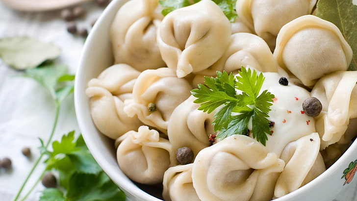 dumplings, spices, herbs, sour cream, food, pasta, gourmet, ravioli, HD wallpaper