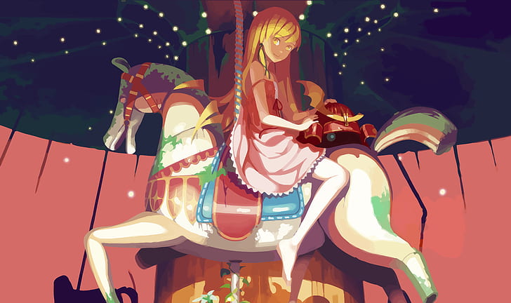 helmet, carousel, long hair, art, starry sky, Bakemonogatari