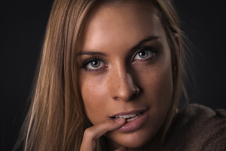 women, face, portrait, blonde, finger in mouth, headshot, one person