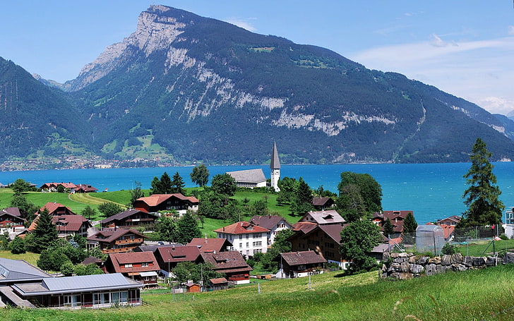 urban city, Lake Thun, Switzerland, village, mountains, architecture, HD wallpaper