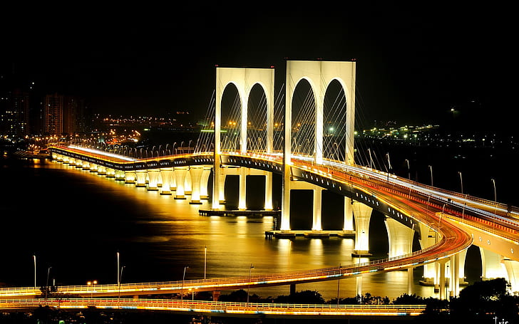 City bridge at night, illumination, lights, HD wallpaper