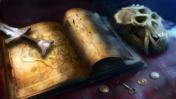 Skyrim Elder Scrolls Book Skull Sword Map Coins Key HD, video games, HD wallpaper