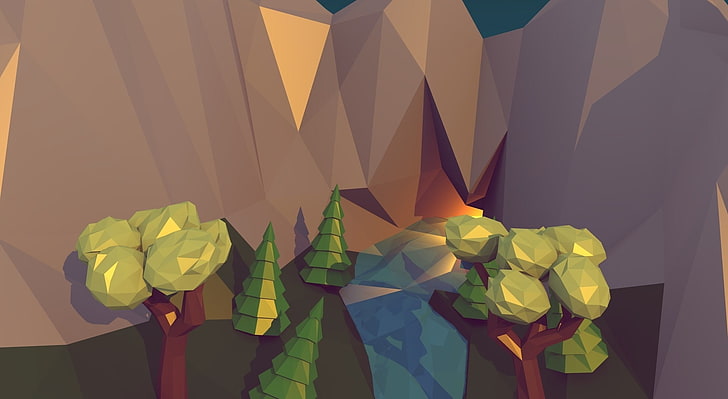 Low Poly Cave, Artistic, 3D, polygons, mountains, blender, lowpoly, HD wallpaper