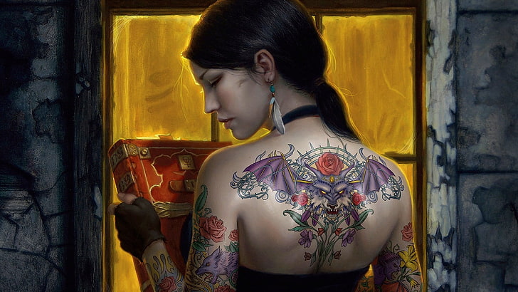 HD wallpaper: purple dragon tattoo on skin, woman wearing dress and floral  tattoo painting | Wallpaper Flare