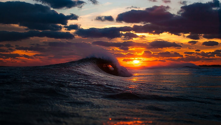 body wave of water, sea, surf, sunset, nature, beach, sky, sunlight, HD wallpaper