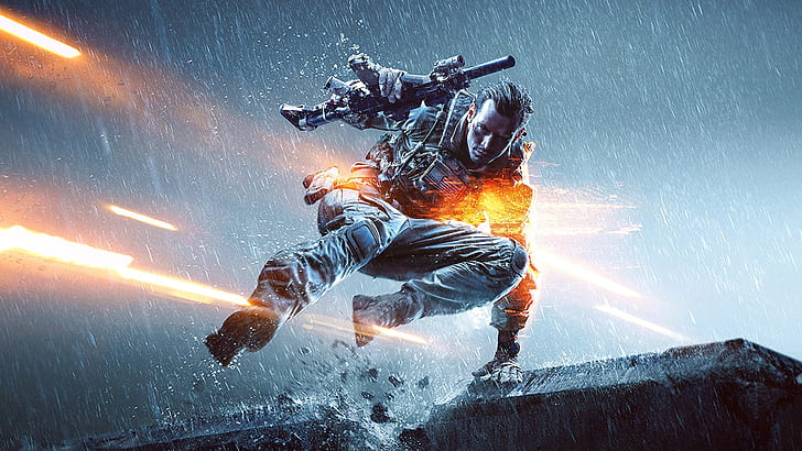 Battlefield 4, rain, soldier, gun, HD wallpaper