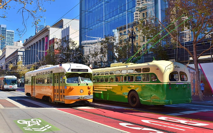 street, city, cityscape, vintage, traffic, vehicle, buses