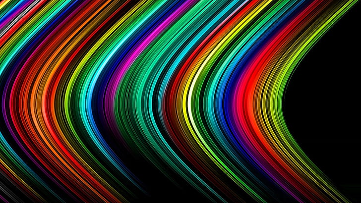 Abstract lines, stripes, rainbow, colors, light, rays, black, blue, red, green, and purple artwork of wave