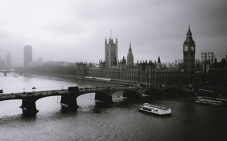 Westminster, London, River Thames, Big Ben, monochrome, city