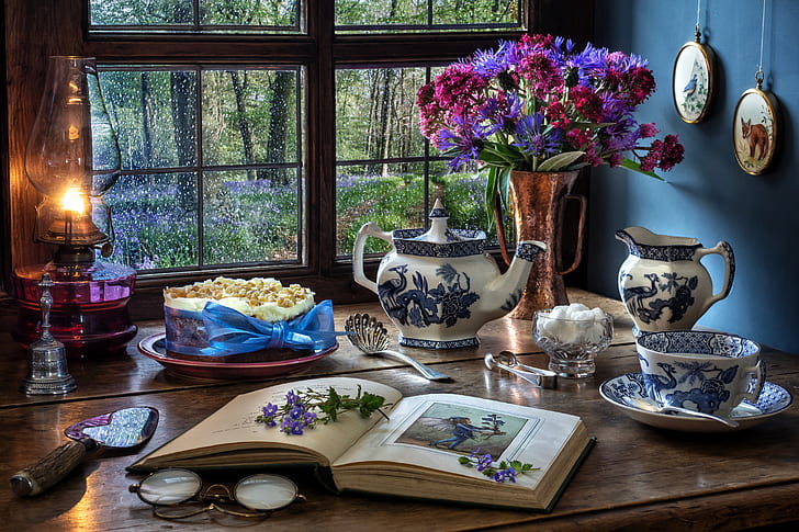 Photography, Still Life, Book, Cup, Flower, Kerosene Lamp, Teapot, HD wallpaper
