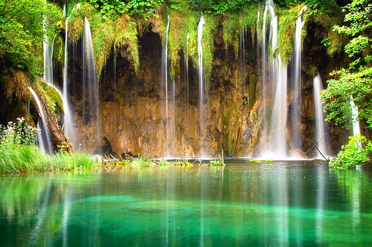water falls, tropics, pond, mirror, laguna, Waterfall, nature, HD wallpaper