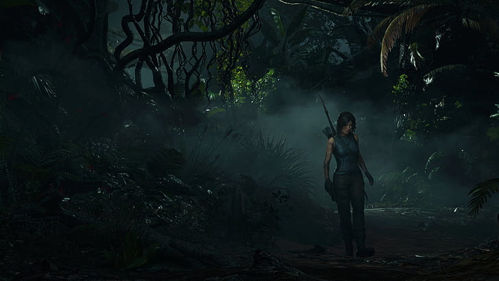 fog, bow, dirt, jungle, Lara Croft, fern, adventure, Liana, HD wallpaper