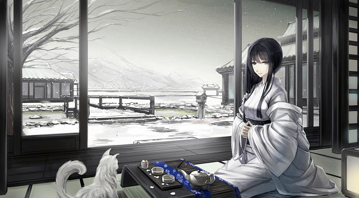 original characters, Asian architecture, snow, traditional clothing, HD wallpaper