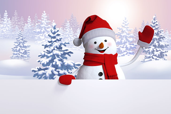snowman wearing red Santa hat, scarf, and gloves vector art, happy, HD wallpaper
