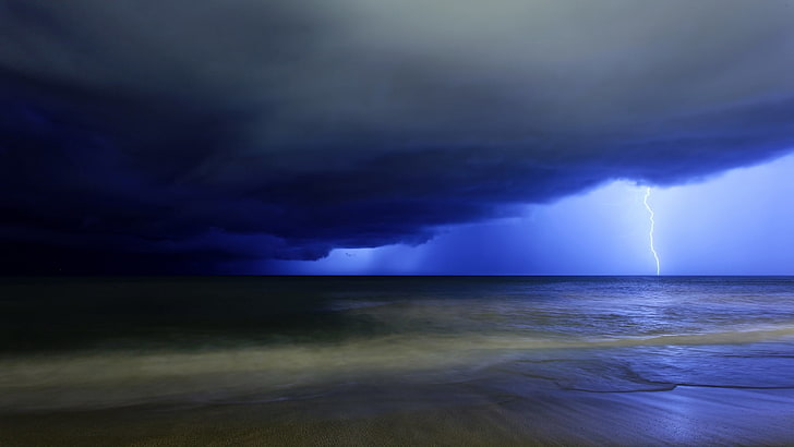 blue sea digital wallpaper, lightning, blow, sky, dark blue, gloomy