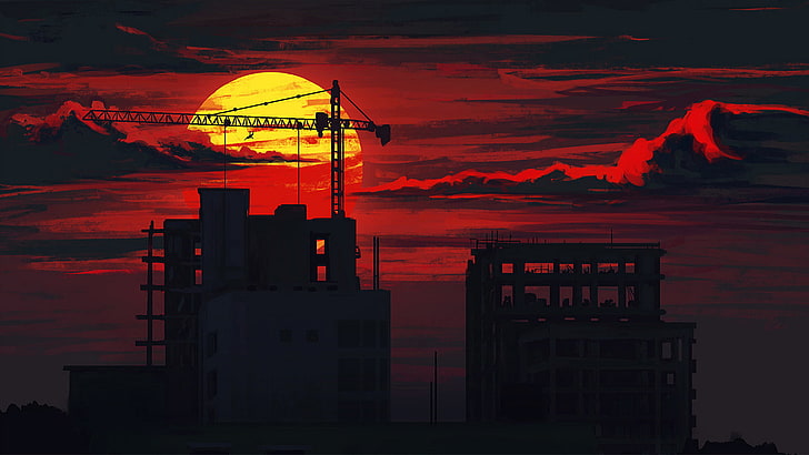 silhouette of buildings, sunset, construction, clouds, people