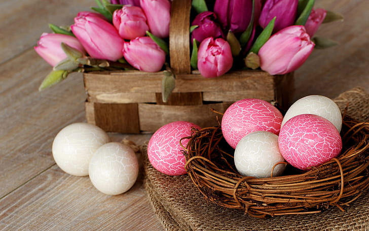 Easter, nest, eggs, pink, white, tulip flowers, basket, HD wallpaper