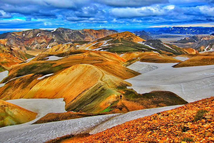 brown and green mountains on gray soil ground under white and blue sky, iceland, iceland