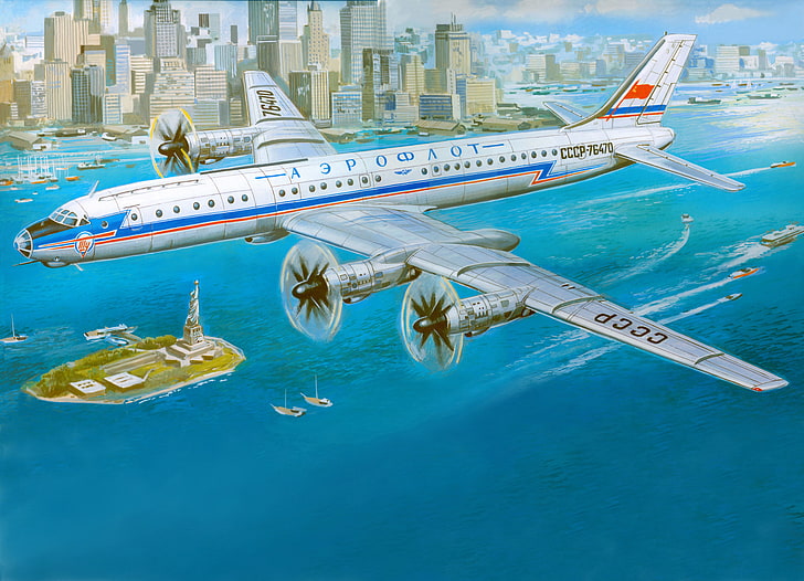 white and blue CCP plane over New York sea digital wallpaper