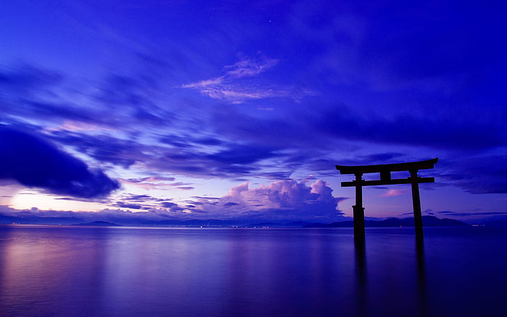 Japan, ocean, sky, clouds, gate, torii, dusk, itsokushima shrine