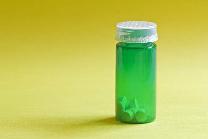 green translucent glass medicine bottle, Habits, Pills, Medication