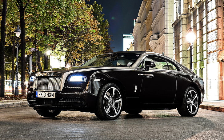 black Rolls Royce coupe, rolls-royce wraith, side view, glitter, HD wallpaper