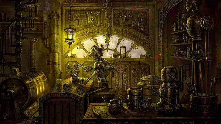 robot, artwork, steampunk, HD wallpaper