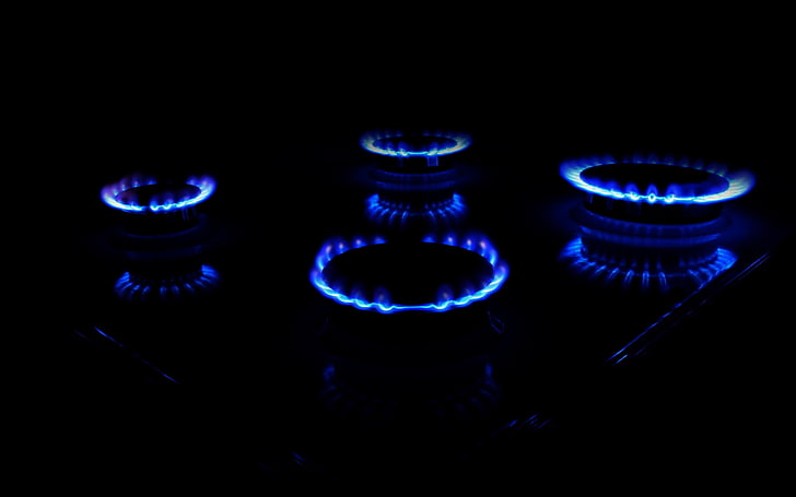 black 4-burner gas stove, fire, blue flames, minimalism, heat - temperature