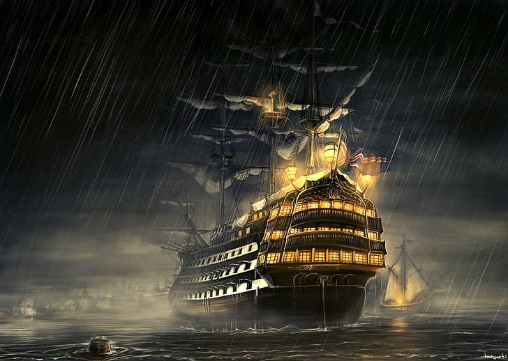old ship, artwork, haryarti, rain, sea, HD wallpaper