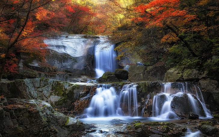 nature, landscape, fall, waterfall, colorful, forest, leaves