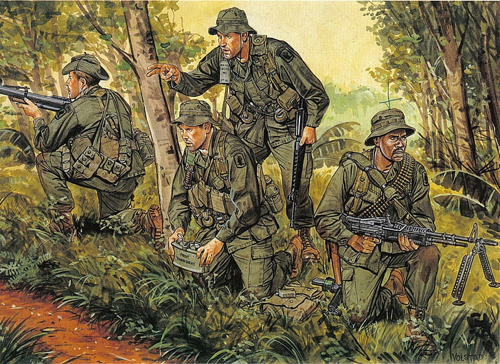 four men holding guns painting, figure, jungle, soldiers, USA, HD wallpaper