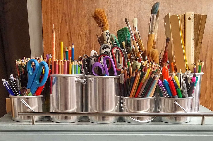 art supplies, arts and crafts, ballpens, brushes, bucket, chrome