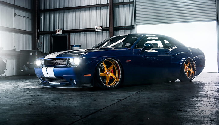 blue Dodge Challenger SRT coupe, Muscle, Car, Hellcat, Gold, Low, HD wallpaper