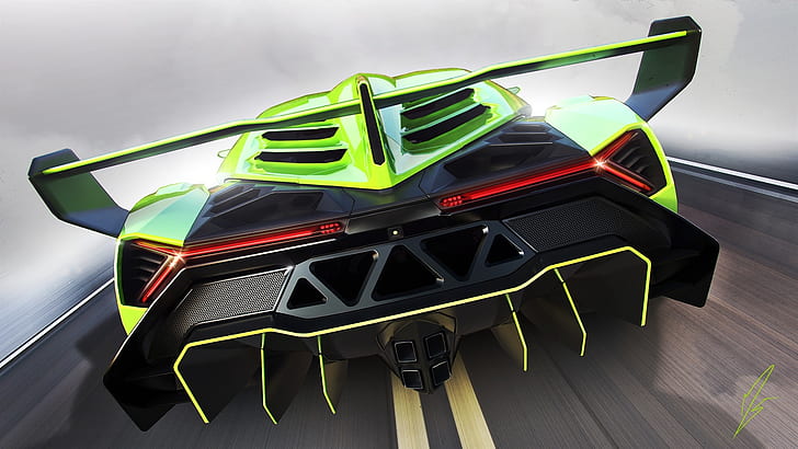 Lamborghini Veneno green supercar back view, auto taillight, HD wallpaper