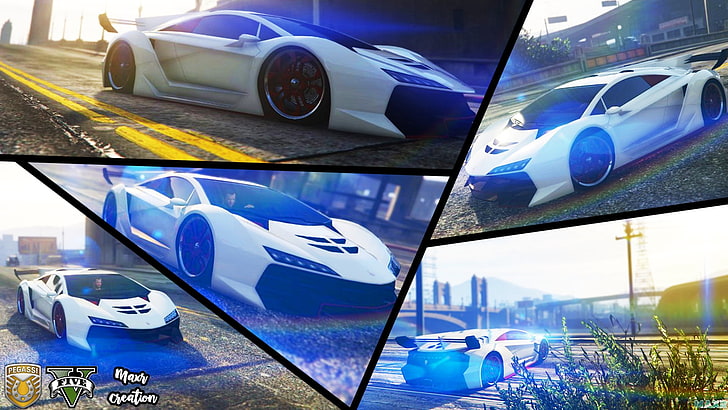 white supercar collage, Grand Theft Auto V, pegassi, zentorno