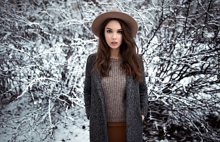 women, portrait, hat, snow, depth of field, sweater, grey coat