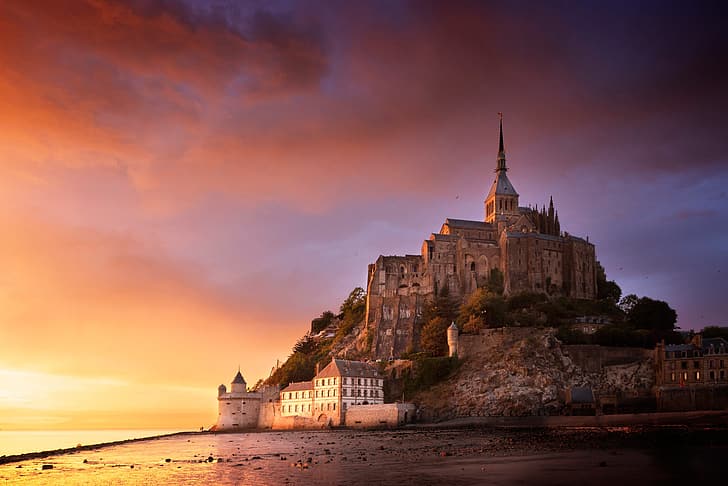 sunset, rock, France, fortress, Normandy, Mont-Saint-Michel
