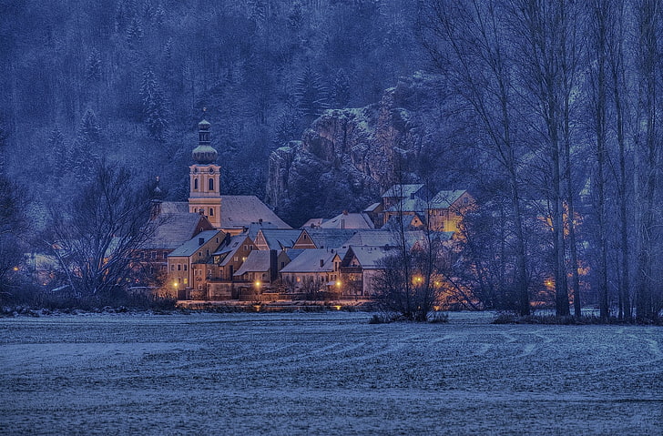 winter, church, landscape, snow, ice, old building, evening